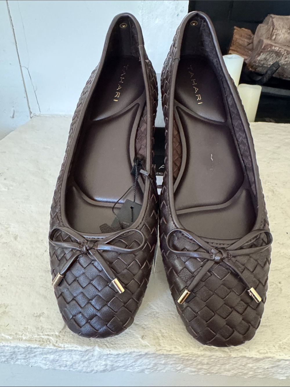 Tahari Dark Brown Woven Bow Ballet Flats